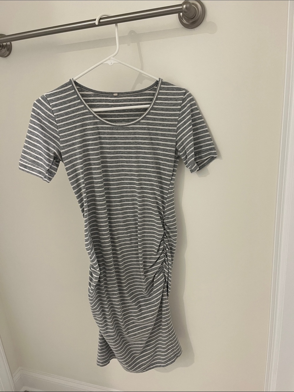 Striped Gray & White Ruched Side Short Sleeve Summer Maternity Dress